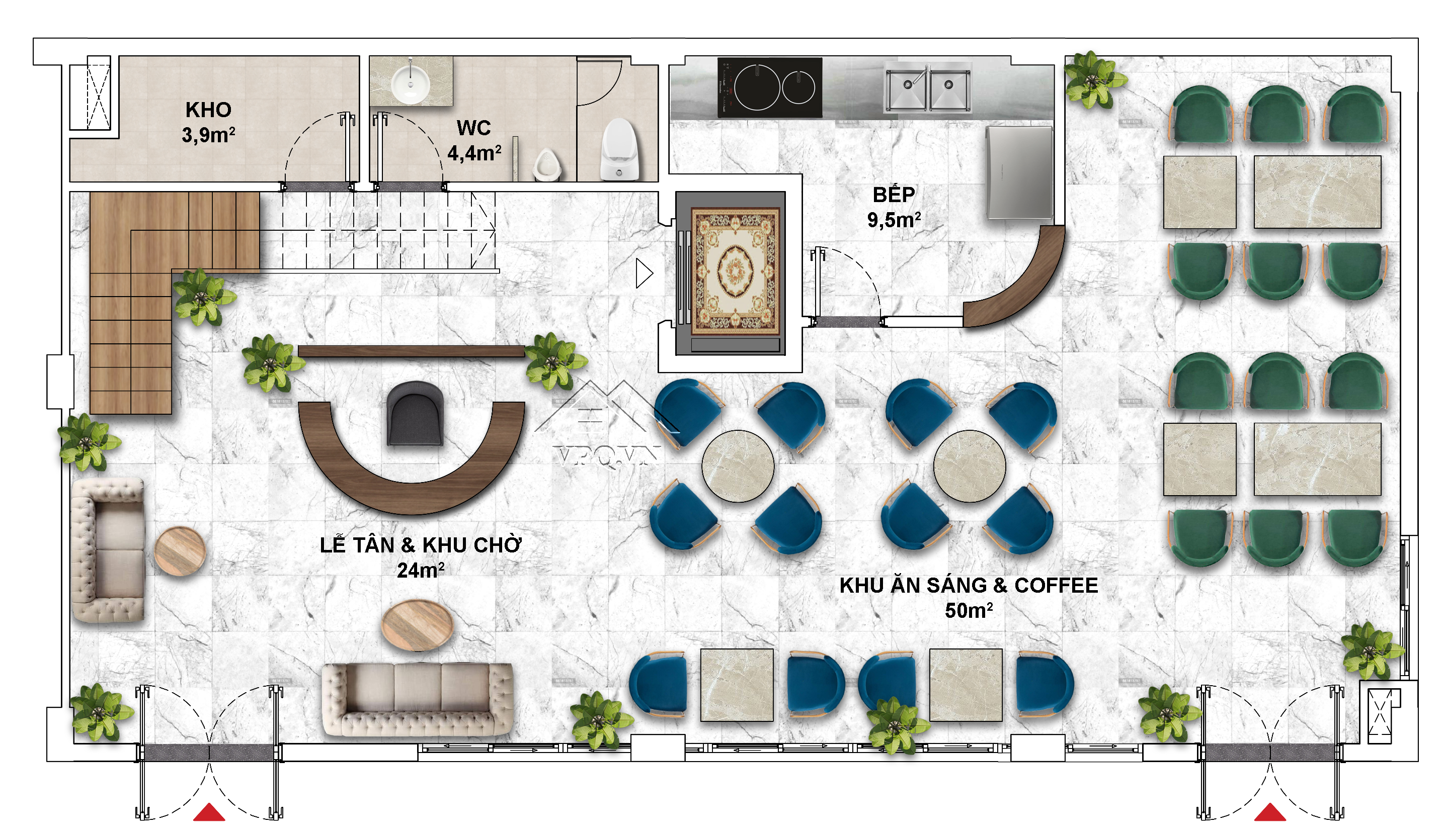 Layout thiết kế Shophouse The Center Ph&uacute; Quốc mặt tiền 15mx8 - Tầng 1